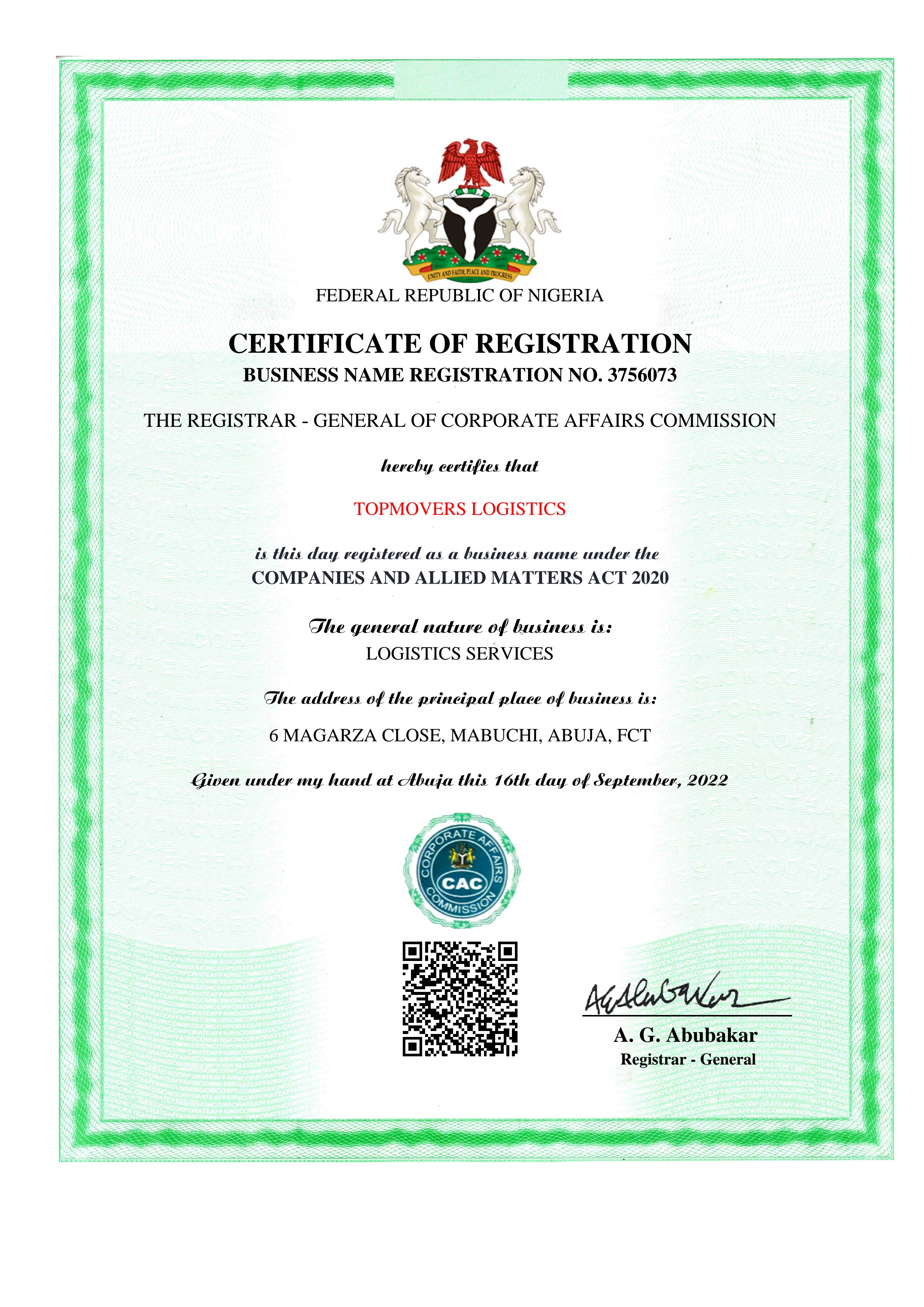 Topmovers Logistics CAC Certificate of Registration — Business No. 3756073